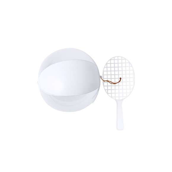 Divertido set de raqueta y balón con válvula de inflado en combinación de blanco y translúcido, unidos por un elástico. Presentado cada set en bolsa reciclada.