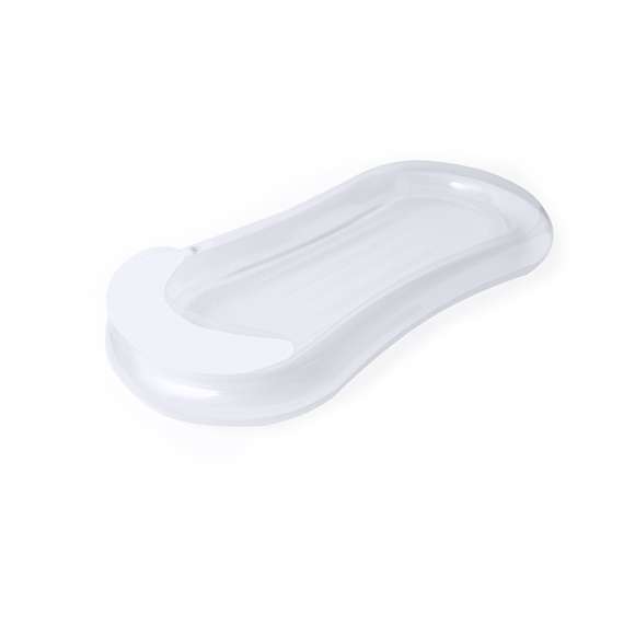 Original colchoneta en resistente PVC. Incluye una cómoda almohada para la cabeza, con diseño bitono, en colores transparente y blanco. Incluye una resistente redecilla central en poliéster de color blanco. Con plegado especial para fácil impresión. Se sirve desinflada y en una práctica bolsa individual reciclada.