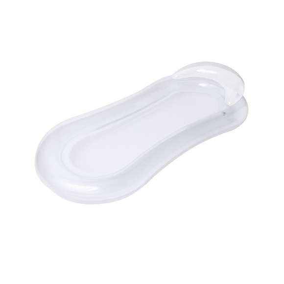 Original colchoneta en resistente PVC. Incluye una cómoda almohada para la cabeza, con diseño bitono, en colores transparente y blanco. Incluye una resistente redecilla central en poliéster de color blanco. Con plegado especial para fácil impresión. Se sirve desinflada y en una práctica bolsa individual reciclada.
