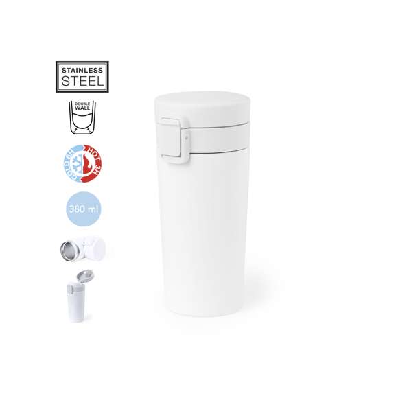 Vaso térmico de acero inox, con doble pared y 380 ml de capacidad. Incluye tapa con cierre a rosca para un óptimo sellado y dosificador. Disponible en variada gama de colores y presentado en atractiva caja de diseño kraft.