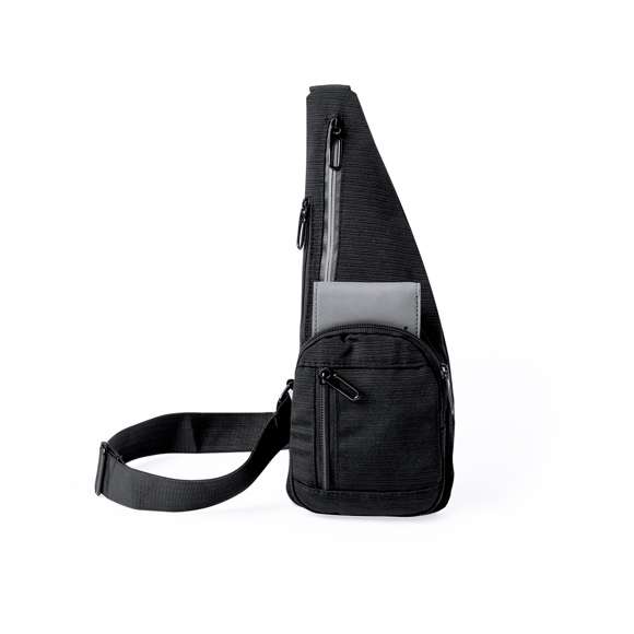 Bandolera confeccionada en poliéster 300D, ofrece múltiples bolsillos para una organización efectiva. Dos bolsillos principales se encuentran en la zona frontal y lateral, junto con dos bolsillos adicionales en la parte frontal y trasera. Destaca por una banda reflectante en el bolsillo central para mejorar la visibilidad. Se presenta de manera individual en una bolsa reciclada.