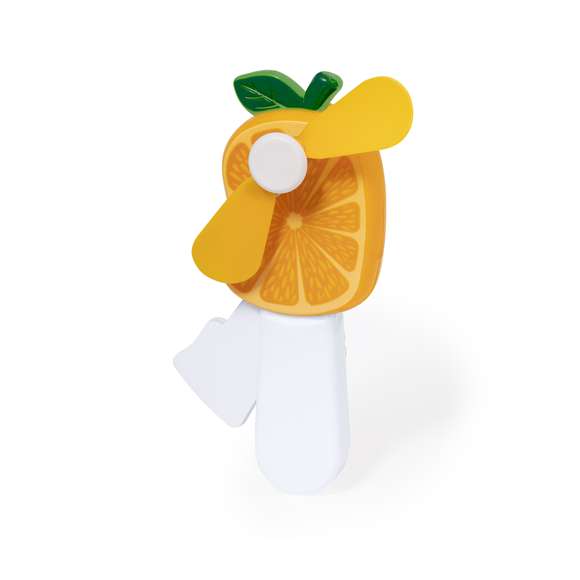 Ventilador en divertidas formas de fruta, fabricado en resistente ABS. Funcionamiento manual, apretando apretando continuamente en la palanca integrada en el mango para poder mover las aspas. Disponible en diseños fresa, piña, uva, sandía o naranja. Presentado individualmente en bolsa reciclada.