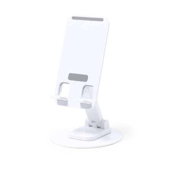 Soporte plegable para smartphone y tablet, fabricado en resistente aluminio y ABS. Regulable en altura, con almohadillas de goma antideslizantes en base y soporte. En sobrio acabado de color blanco o negro, y con amplia superficie de marcaje. Presentado en atractiva caja de diseño.