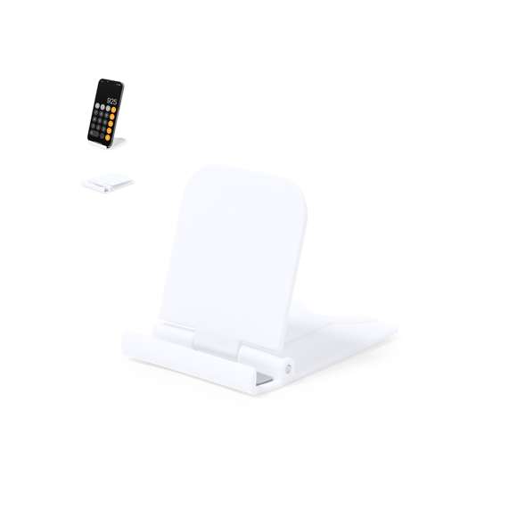 Soporte para smartphone y tablet fabricado en resistente ABS. De diseño compacto y plegable para poder llevarlo a cualquier lado. Con distintas posiciones de inclinación y almohadillas de sujeción. Presentado en bolsa individual reciclada.