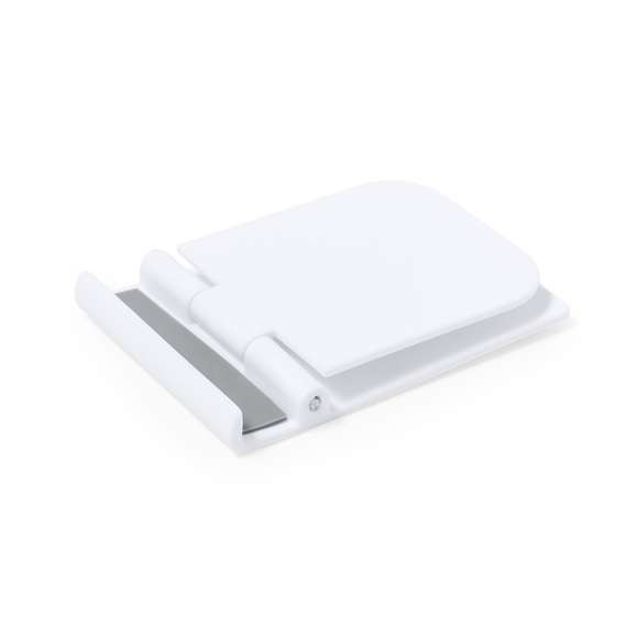 Soporte para smartphone y tablet fabricado en resistente ABS. De diseño compacto y plegable para poder llevarlo a cualquier lado. Con distintas posiciones de inclinación y almohadillas de sujeción. Presentado en bolsa individual reciclada.