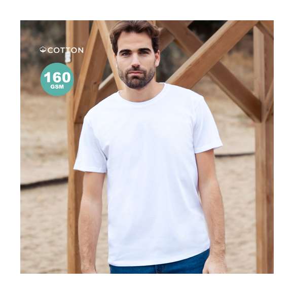Camiseta de adulto confeccionada en suave 100% algodón de 160g/m2. Con diseño tubular sin costuras lateras y cuello redondo. Disponible en color blanco y en tallas S, M, L, XL, XXL, 3XL.