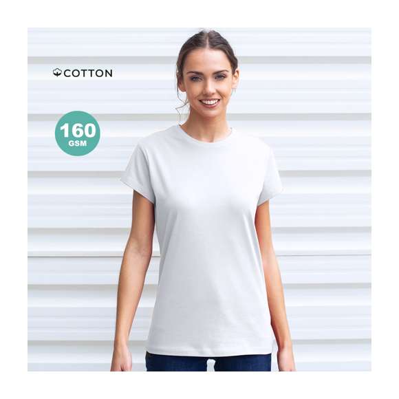 Camiseta de mujer confeccionada en suave 100% algodón de 160g/m2. Con diseño tubular sin costuras lateras y cuello redondo. Disponible en color blanco y en tallas S, M, L, XL, XXL.