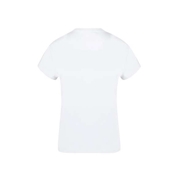 Camiseta de mujer confeccionada en suave 100% algodón de 160g/m2. Con diseño tubular sin costuras lateras y cuello redondo. Disponible en color blanco y en tallas S, M, L, XL, XXL.