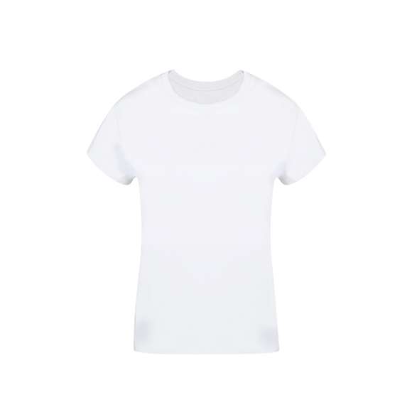 Camiseta de mujer confeccionada en suave 100% algodón de 160g/m2. Con diseño tubular sin costuras lateras y cuello redondo. Disponible en color blanco y en tallas S, M, L, XL, XXL.