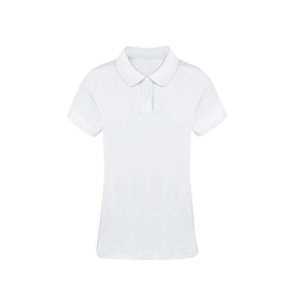 Polo de piqué para mujer en color blanco. En material 100% algodón de 220g/m2. Con dos botones de cierre a juego y aperturas laterales en los bajos. Tallas S, M, L, XL, XXL.
