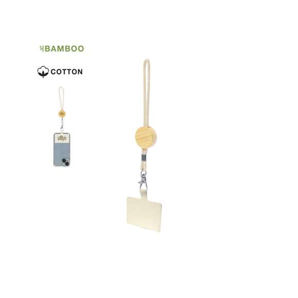 Original pulsera portamóvil en suave algodón, adaptable a todo tipo de muñecas. Con accesorio de transporte para situar entre la funda y el smartphone. Pieza central de bambú para personalización, especial para grabado en láser. Presentado individualmente en bolsa de papel reciclado.Materiales como el bambú fomentan la utilización de materias primas naturales, reduciendo las emisiones contaminantes. Proviene de una planta de gran resistencia y versatilidad, con crecimiento y regeneración rápidos, siendo una excelente alternativa al uso de madera tradicional.