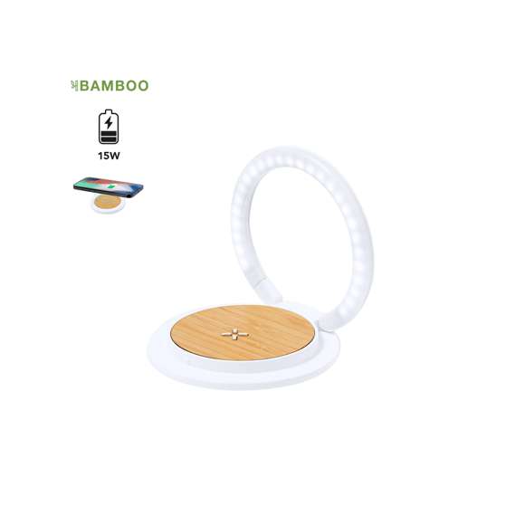 Lámpara multifunción fabricada en bambú. Con cargador inalámbrico de 15W integrado y 27 LEDs en un aro plegable que también hace de soporte. Compatible con dispositivos móviles de carga inalámbrica y con cable cargador Tipo C incluido, y presentada en una atractiva caja de diseño kraft. Disponible manual de instrucciones en español e inglés.Materiales como el bambú fomentan la utilización de materias primas naturales, reduciendo las emisiones contaminantes. Proviene de una planta de gran resistencia y versatilidad, con crecimiento y regeneración rápidos, siendo una excelente alternativa al uso de madera tradicional.Fabricada conforme a los estándares RoHS y en cumplimiento con los siguientes requisitos de seguridad:Sistema de protección contra sobrecalentamiento.Sistema de protección contra sobrecarga.Sistema de bloqueo para evitar cortocircuitos.