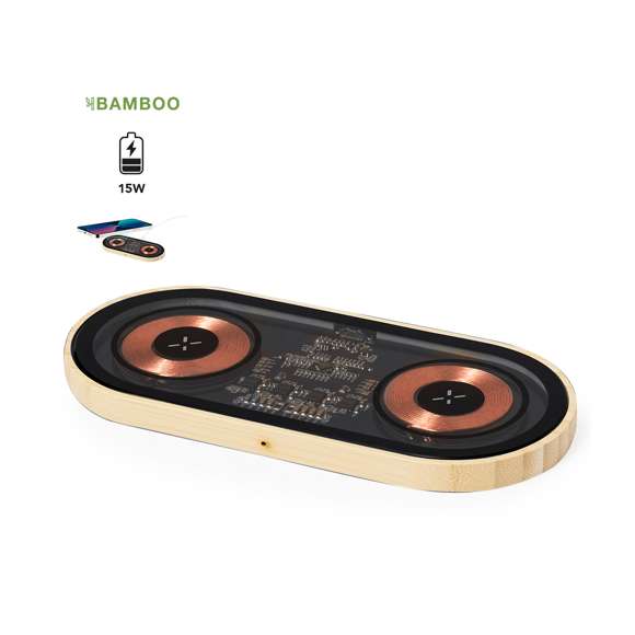 Cargador inalámbrico doble de 15W de original diseño y superficie transparente que permite ver los componentes internos del dispositivo. Con base de bambú, compatible con dispositivos con tecnología Qi, y que además permite cargar dos dispositivos simultáneamente. Conexión Tipo C, con instrucciones de uso en español e inglés. Presentado en caja individual de diseño kraft.Materiales como el bambú fomentan la utilización de materias primas naturales, reduciendo las emisiones contaminantes. Proviene de una planta de gran resistencia y versatilidad, con crecimiento y regeneración rápidos, siendo una excelente alternativa al uso de madera tradicional.Fabricado conforme a los estándares RoHS y en cumplimiento con los siguientes requisitos de seguridad:Sistema de protección contra sobrecalentamiento.Sistema de protección contra sobrecarga.Sistema de bloqueo para evitar cortocircuitos.