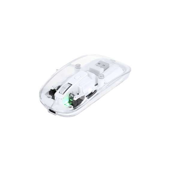 Ratón óptico inalámbrico de original diseño, con cuerpo transparente que permite ver los componentes internos del dispositivo. Con batería integrada de 300 mAh y con puerto de carga Tipo C (cable incluido). Incluye botón DPI, con conexión “plug and play” por USB y viene presentado en caja individual de diseño kraft.
