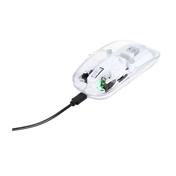 Ratón óptico inalámbrico de original diseño, con cuerpo transparente que permite ver los componentes internos del dispositivo. Con batería integrada de 300 mAh y con puerto de carga Tipo C (cable incluido). Incluye botón DPI, con conexión “plug and play” por USB y viene presentado en caja individual de diseño kraft.
