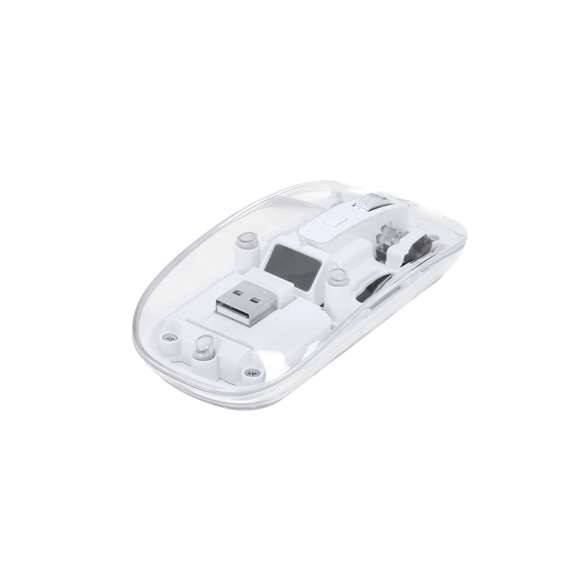Ratón óptico inalámbrico de original diseño, con cuerpo transparente que permite ver los componentes internos del dispositivo. Con batería integrada de 300 mAh y con puerto de carga Tipo C (cable incluido). Incluye botón DPI, con conexión “plug and play” por USB y viene presentado en caja individual de diseño kraft.