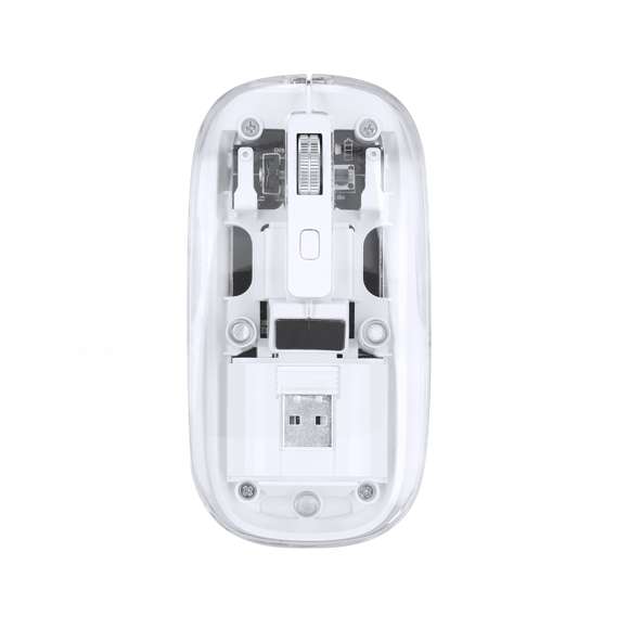 Ratón óptico inalámbrico de original diseño, con cuerpo transparente que permite ver los componentes internos del dispositivo. Con batería integrada de 300 mAh y con puerto de carga Tipo C (cable incluido). Incluye botón DPI, con conexión “plug and play” por USB y viene presentado en caja individual de diseño kraft.