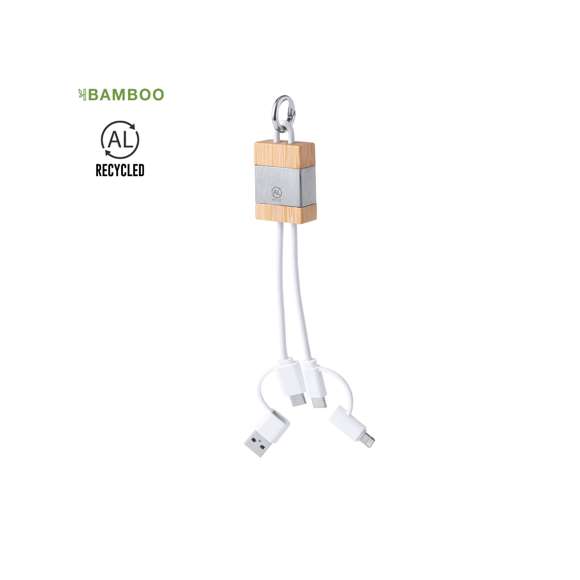 Cable cargador fabricado en bambú y Aluminio Reciclado. De tamaño compacto y con original anilla mosquetón de transporte. Conexiones de entrada Tipo C y USB + salidas Tipo C, Lightning y Micro USB. 5V DC 2.4A. Con logotipo Aluminio Reciclado y presentado en caja individual de diseño kraft.Materiales como el bambú fomentan la utilización de materias primas naturales, reduciendo las emisiones contaminantes. Proviene de una planta de gran resistencia y versatilidad, con crecimiento y regeneración rápidos, siendo una excelente alternativa al uso de madera tradicional.El Aluminio Reciclado es un material con posibilidades de reciclaje casi infinitas, sin perder sus propiedades originales y consumiendo menos energía en este proceso.Certificación GRS (Global Recycled Standard / Estándar de Reciclaje Global), que garantiza el origen reciclado del material usado para fabricar el producto.