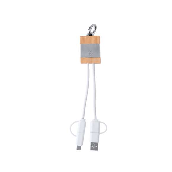 Cable cargador fabricado en bambú y Aluminio Reciclado. De tamaño compacto y con original anilla mosquetón de transporte. Conexiones de entrada Tipo C y USB + salidas Tipo C, Lightning y Micro USB. 5V DC 2.4A. Con logotipo Aluminio Reciclado y presentado en caja individual de diseño kraft.Materiales como el bambú fomentan la utilización de materias primas naturales, reduciendo las emisiones contaminantes. Proviene de una planta de gran resistencia y versatilidad, con crecimiento y regeneración rápidos, siendo una excelente alternativa al uso de madera tradicional.El Aluminio Reciclado es un material con posibilidades de reciclaje casi infinitas, sin perder sus propiedades originales y consumiendo menos energía en este proceso.Certificación GRS (Global Recycled Standard / Estándar de Reciclaje Global), que garantiza el origen reciclado del material usado para fabricar el producto.