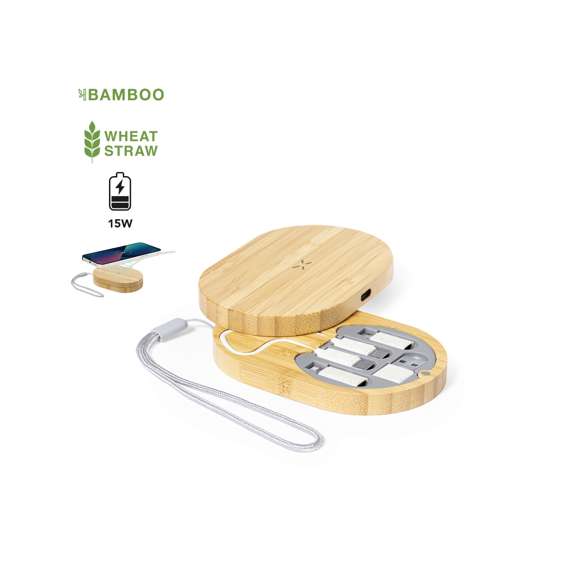 Completo conjunto de cargador inalámbrico 15W y cables cargadores. Fabricado en bambú pulido, en un original diseño de estuche con cargador inalámbrico integrado en la tapa y una base troquelada, que incluye un completo set de cables y adaptadores. Cargador compatible con dispositivos equipados con tecnología Qi. Set cables de carga con capacidad de transferencia de datos y múltiples conexiones: Micro USB, Tipo C y Lightning. 5V DC 3A. Presentado en caja diseño kraft.Materiales como el bambú fomentan la utilización de materias primas naturales, reduciendo las emisiones contaminantes. Proviene de una planta de gran resistencia y versatilidad, con crecimiento y regeneración rápidos, siendo una excelente alternativa al uso de madera tradicional.Fabricado conforme a los estándares RoHS y en cumplimiento con los siguientes requisitos de seguridad:Sistema de protección contra sobrecalentamiento.Sistema de protección contra sobrecarga.Sistema de bloqueo para evitar cortocircuitos.