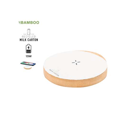 Cargador inalámbrico 15W de forma circular. Con superficie de carga en material reciclado a partir de cartones de leche y base fabricada en bambú, compatible con dispositivos equipados con tecnología de carga inalámbrica Qi. Cable cargador Tipo C incluido, con logotipo cartones de leche reciclados en base de carga. Base de bambú antideslizante y presentado en caja individual de diseño kraft. Con manual de instrucciones en español e inglés.Los cartones de leche se componen en su mayor parte de cartón y aluminio. Durante su proceso de reciclado, se separan los distintos materiales del envase para su reutilización y nuevo uso, contribuyendo así a recorrer el camino infinito de la economía circular. Este material se caracteriza por su alto grado de reciclabilidad, así como por su ligereza y resistencia.Materiales como el bambú fomentan la utilización de materias primas naturales, reduciendo las emisiones contaminantes. Proviene de una planta de gran resistencia y versatilidad, con crecimiento y regeneración rápidos, siendo una excelente alternativa al uso de madera tradicional.Fabricado conforme a los estándares RoHS y en cumplimiento con los siguientes requisitos de seguridad:Sistema de protección contra sobrecalentamiento.Sistema de protección contra sobrecarga.Sistema de bloqueo para evitar cortocircuitos.