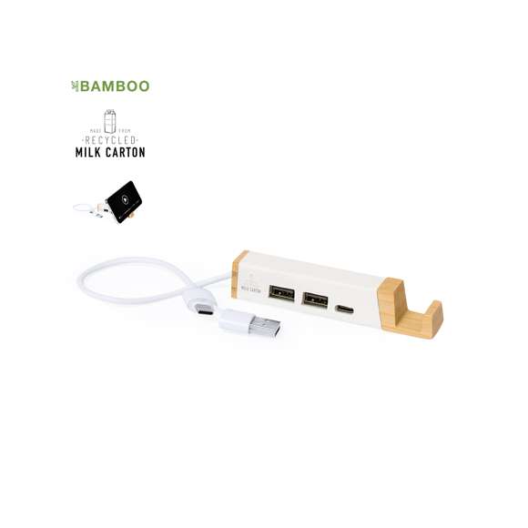 Puerto USB con soporte para smartphone integrado, fabricado en combinación de bambú y material reciclado a partir de cartones de leche. Incluye conexión dual USB/Tipo C y 3 puertos: 1 puerto Tipo C y 2 puertos USB. Con logotipo cartones de leche reciclados y presentado en caja individual de diseño kraft, con papel protector incluido.Los cartones de leche se componen en su mayor parte de cartón y aluminio. Durante su proceso de reciclado, se separan los distintos materiales del envase para su reutilización y nuevo uso, contribuyendo así a recorrer el camino infinito de la economía circular. Este material se caracteriza por su alto grado de reciclabilidad, así como por su ligereza y resistencia.Materiales como el bambú fomentan la utilización de materias primas naturales, reduciendo las emisiones contaminantes. Proviene de una planta de gran resistencia y versatilidad, con crecimiento y regeneración rápidos, siendo una excelente alternativa al uso de madera tradicional.Fabricado conforme a estándares RoHS, con sistema de bloqueo para evitar cortocircuitos.