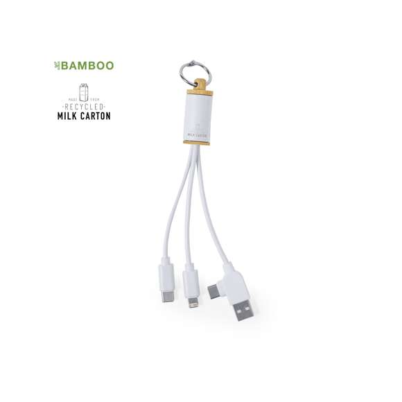 Cable cargador fabricado en combinación de bambú y material reciclado a partir de cartones de leche. Incluye conexión dual USB/Tipo C + conexiones Micro USB, Tipo C y Lightning. Con original anilla de transporte y logotipo cartones de leche reciclados. Presentado en caja individual de diseño kraft, con papel protector incluido. 5V DC 2.4A.Los cartones de leche se componen en su mayor parte de cartón y aluminio. Durante su proceso de reciclado, se separan los distintos materiales del envase para su reutilización y nuevo uso, contribuyendo así a recorrer el camino infinito de la economía circular. Este material se caracteriza por su alto grado de reciclabilidad, así como por su ligereza y resistencia.Materiales como el bambú fomentan la utilización de materias primas naturales, reduciendo las emisiones contaminantes. Proviene de una planta de gran resistencia y versatilidad, con crecimiento y regeneración rápidos, siendo una excelente alternativa al uso de madera tradicional.Fabricado conforme a estándares RoHS, con sistema de bloqueo para evitar cortocircuitos.