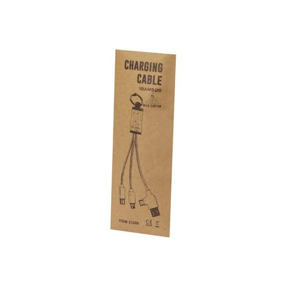 Cable cargador fabricado en combinación de bambú y material reciclado a partir de cartones de leche. Incluye conexión dual USB/Tipo C + conexiones Micro USB, Tipo C y Lightning. Con original anilla de transporte y logotipo cartones de leche reciclados. Presentado en caja individual de diseño kraft, con papel protector incluido. 5V DC 2.4A.Los cartones de leche se componen en su mayor parte de cartón y aluminio. Durante su proceso de reciclado, se separan los distintos materiales del envase para su reutilización y nuevo uso, contribuyendo así a recorrer el camino infinito de la economía circular. Este material se caracteriza por su alto grado de reciclabilidad, así como por su ligereza y resistencia.Materiales como el bambú fomentan la utilización de materias primas naturales, reduciendo las emisiones contaminantes. Proviene de una planta de gran resistencia y versatilidad, con crecimiento y regeneración rápidos, siendo una excelente alternativa al uso de madera tradicional.Fabricado conforme a estándares RoHS, con sistema de bloqueo para evitar cortocircuitos.