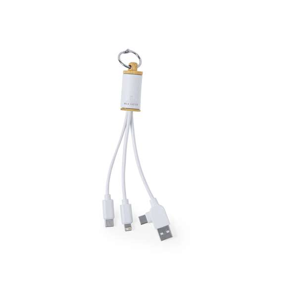 Cable cargador fabricado en combinación de bambú y material reciclado a partir de cartones de leche. Incluye conexión dual USB/Tipo C + conexiones Micro USB, Tipo C y Lightning. Con original anilla de transporte y logotipo cartones de leche reciclados. Presentado en caja individual de diseño kraft, con papel protector incluido. 5V DC 2.4A.Los cartones de leche se componen en su mayor parte de cartón y aluminio. Durante su proceso de reciclado, se separan los distintos materiales del envase para su reutilización y nuevo uso, contribuyendo así a recorrer el camino infinito de la economía circular. Este material se caracteriza por su alto grado de reciclabilidad, así como por su ligereza y resistencia.Materiales como el bambú fomentan la utilización de materias primas naturales, reduciendo las emisiones contaminantes. Proviene de una planta de gran resistencia y versatilidad, con crecimiento y regeneración rápidos, siendo una excelente alternativa al uso de madera tradicional.Fabricado conforme a estándares RoHS, con sistema de bloqueo para evitar cortocircuitos.