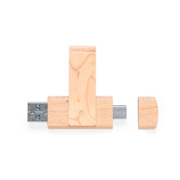 Memoria USB OTG de 16GB de capacidad, con clip giratorio y cuerpo acabado en suave madera. Con conexión USB y Tipo C. Presentada en estuche individual de cartón reciclado.