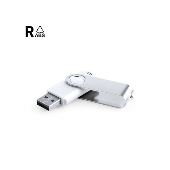 Memoria USB de 16GB de capacidad, con cuerpo en resistente RABS y clip metálico giratorio. Presentada caja de diseño kraft.El RABS es un plástico altamente reciclable de gran resistencia y con multitud de aplicaciones que lo convierten en una solución eco-friendly. Con certificación RCS, que garantiza el origen reciclado del mismo.