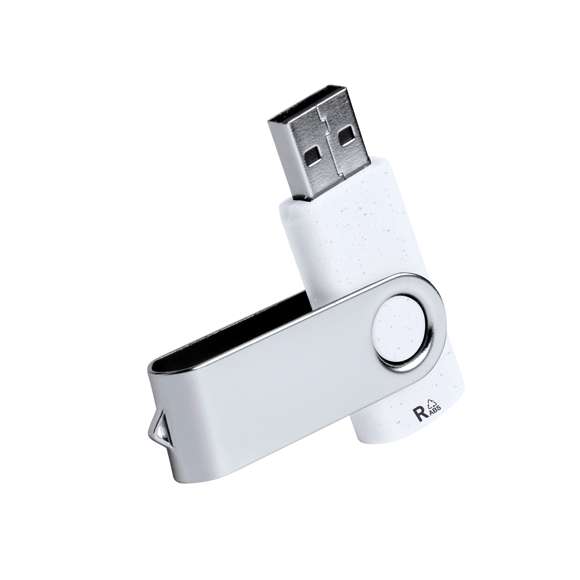 Memoria USB de 16GB de capacidad, con cuerpo en resistente RABS y clip metálico giratorio. Presentada caja de diseño kraft.El RABS es un plástico altamente reciclable de gran resistencia y con multitud de aplicaciones que lo convierten en una solución eco-friendly. Con certificación RCS, que garantiza el origen reciclado del mismo.