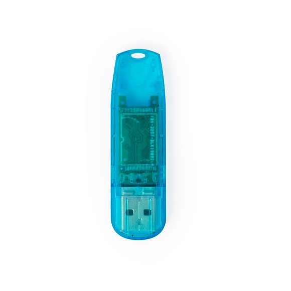Memoria USB de 16GB de capacidad, fabricada en resistente ABS de acabado translúcido. Disponible en diferentes y atractivos colores, y presentada en caja individual de cartón kraft.