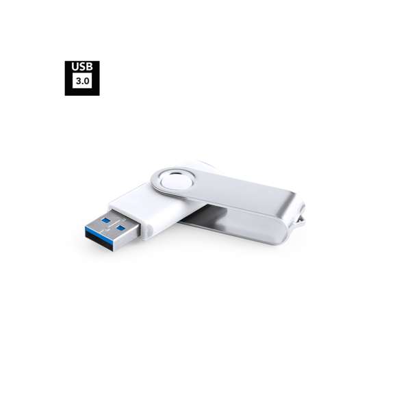 Memoria USB 3.0 de 16GB de capacidad. Con clip metálico y cuerpo de suave acabado en color blanco. Presentada en estuche individual.