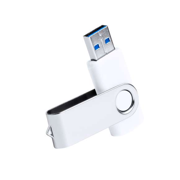 Memoria USB 3.0 de 16GB de capacidad. Con clip metálico y cuerpo de suave acabado en color blanco. Presentada en estuche individual.