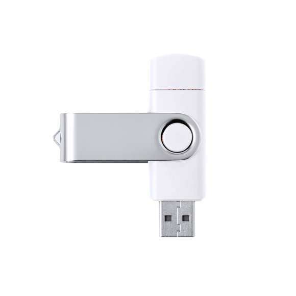 Memoria USB 3.0 de 16GB de capacidad. Con clip metálico y cuerpo de suave acabado en color blanco. Conexiones USB y Tipo C. Presentada en estuche individual.
