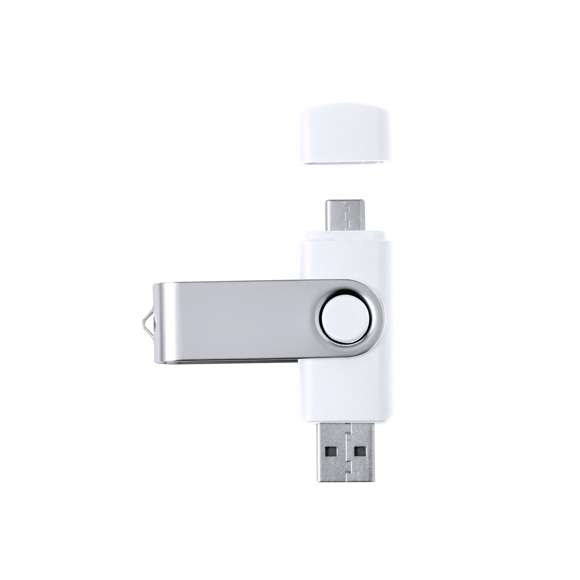 Memoria USB 3.0 de 16GB de capacidad. Con clip metálico y cuerpo de suave acabado en color blanco. Conexiones USB y Tipo C. Presentada en estuche individual.