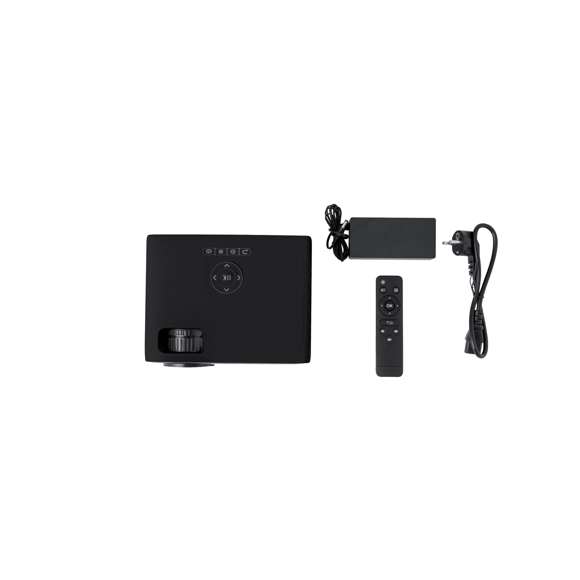 Proyector con conectividad bluetooth y WiFi que proporciona una fantástica experiencia audiovisual. Fabricado en resistente ABS de color negro, con regulador de enfoque y ángulo para un óptimo visionado. Saca una potencia de 7.000 lúmenes, con resolución 720p, e incorpora un potente altavoz de 5W. Además, cuenta con multitud de conexiones: 3xHDMI (1 conector macho + 2 conectores hembra), conexión USB, salida de audio jack de 3,5 mm y entrada de audio jack de 3,5 mm. Con ranura para tarjetas de memoria Micro SD y mando a distancia para un cómodo y fácil manejo del dispositivo. Incluye cable de alimentación CA 220V-240V y viene presentado en caja de diseño kraft.