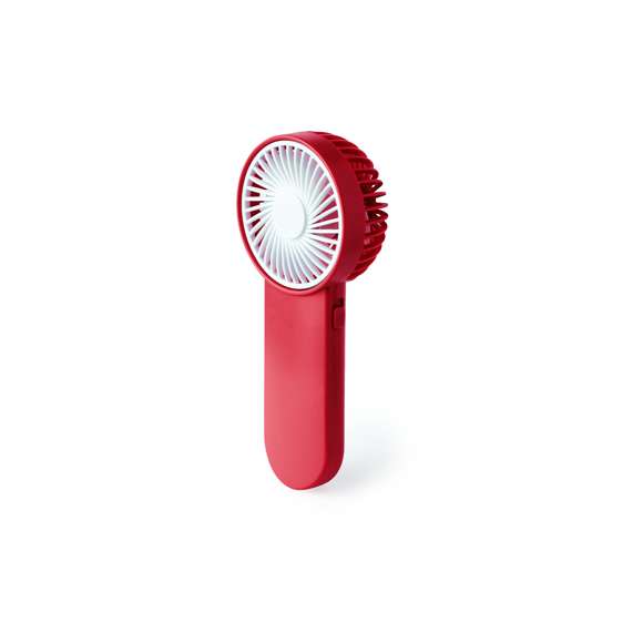 Ventilador de mano en resistente ABS. Con botón lateral de on/off y disponible en variada gama de vivos colores. Alimentación a pilas -2xAA no incluidas. Presentado individualmente en caja.