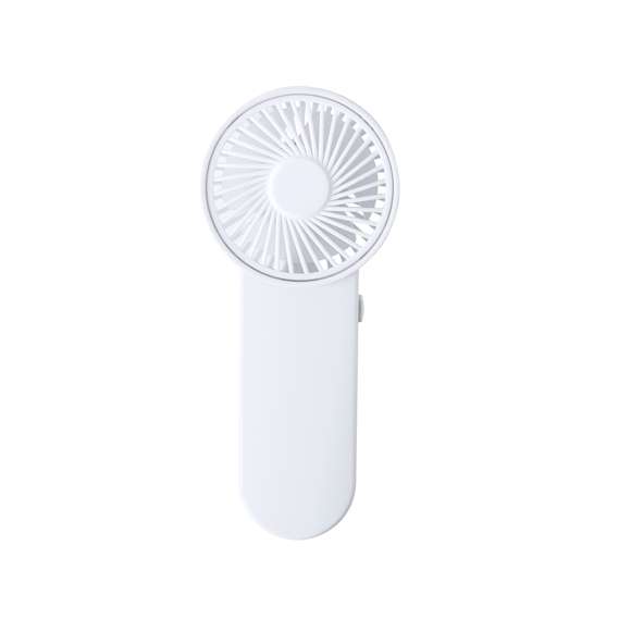 Ventilador de mano en resistente ABS. Con botón lateral de on/off y disponible en variada gama de vivos colores. Alimentación a pilas -2xAA no incluidas. Presentado individualmente en caja.