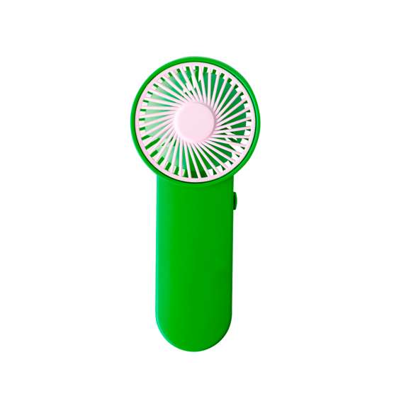 Ventilador de mano en resistente ABS. Con botón lateral de on/off y disponible en variada gama de vivos colores. Alimentación a pilas -2xAA no incluidas. Presentado individualmente en caja.