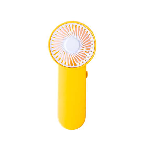 Ventilador de mano en resistente ABS. Con botón lateral de on/off y disponible en variada gama de vivos colores. Alimentación a pilas -2xAA no incluidas. Presentado individualmente en caja.