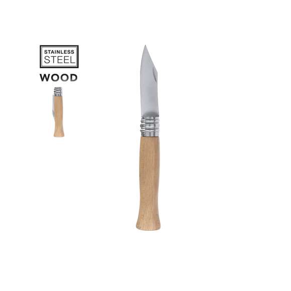 Navaja fabricada en resistente acero inox, con mango ergonómico fabricado en madera natural lacada y con anilla metálica de bloqueo. La aleación de la hoja garantiza resistencia a la corrosión y abrasión, siendo ideal para el uso frecuente con materiales duros. La hoja es de Tipo Clip, que se caracteriza por su forma puntiaguda y destaca por su versatilidad a la hora de usarla. Presentada individualmente en caja blanca.