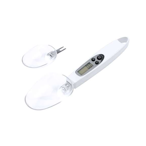 Práctica báscula digital con cuchara, válida para líquidos y sólidos. Incluye 2 cucharas intercambiables y pantalla digital LCD situada en el mango, mostrando el pesaje con una precisión de 0,1g. Botón para mostrar el peso en gramos (g), onzas (oz), o mililitros ( ml), con función de memoria y posibilidad de pesar dos ingredientes. Ambas cucharas llevan grabada una escala de medición adicional para líquidos: la cuchara pequeña desde 5 ml hasta 25 ml; y la cuchara grande desde 10 ml hasta 50 ml. Con manual de instrucciones en español e inglés. Alimentada por pila de botón (incluida) y presentada individualmente en caja de diseño kraft.