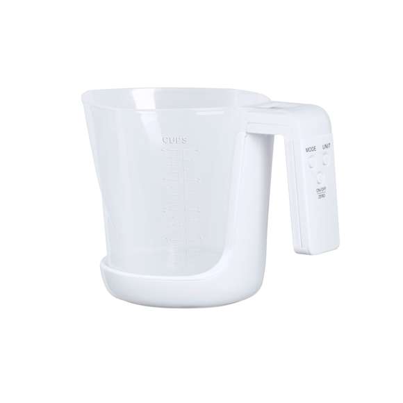 Báscula con jarra medidora integrada, fabricada en resistente combinación de PP y ABS. Pantalla LCD con control por botones y función de tara, con capacidad máxima para 5 kg de peso y válida para medir elementos líquidos o sólidos.Incluye Jarra medidora de 1L de capacidad, con multitud de opciones y vertedor para evitar derrames:-1L, con medidor lateral en tramos de 50 ml.-32 oz, con medidor lateral en tramos de 2 oz. -Medición rápida en volumen de tazas.Funciona con pila de botón (incluida) y viene presentada individualmente en caja.
