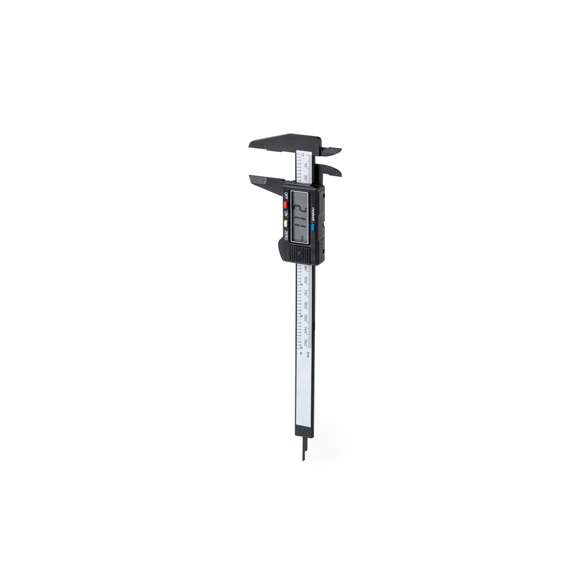 Calibre pie de rey con modo de medición digital y analógico. Con pantalla LCD y botones ON/OFF, ZERO para ajuste y otro para seleccionar la medida en mm o en pulgadas. Incluye sonda para medir la profundidad y pinzas para el medir el interior de los objetos. Rango de medición hasta 150 mm, con instrucciones en español e inglés y presentado en caja individual de diseño kraft.