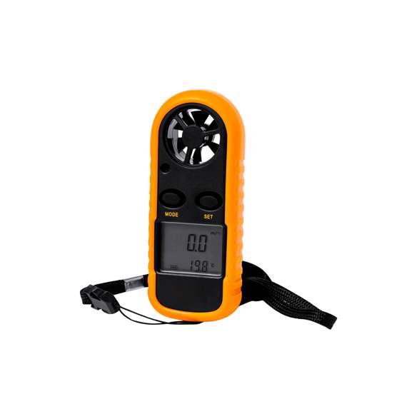 Anemómetro fabricado en resistente ABS. Con pantalla LCD retroiluminada de gran tamaño, que muestra la velocidad del viento, la temperatura y el nivel de batería. Incorpora funciones de medición de velocidad actual del aire, velocidad máxima y promedio. Disponibles multitud de unidades de medida, entre las que destacan la escala de intensidad de Beaufort y la velocidad del aire en distintos formatos (m/s; km/h; ft/min; nudos; mph). Además, muestra la temperatura ambiente en ºC/ºF, la temperatura atmosférica y la sensación térmica. Con función de apagado automático tras unos minutos de inactividad y memoria que permite acceder a los registros almacenados en mediciones anteriores, aunque se haya apagado el dispositivo con anterioridad. Alimentado por pila de botón (incluida) y presentado en caja individual de acabado kraft.