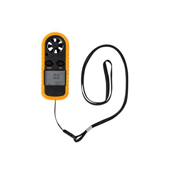 Anemómetro fabricado en resistente ABS. Con pantalla LCD retroiluminada de gran tamaño, que muestra la velocidad del viento, la temperatura y el nivel de batería. Incorpora funciones de medición de velocidad actual del aire, velocidad máxima y promedio. Disponibles multitud de unidades de medida, entre las que destacan la escala de intensidad de Beaufort y la velocidad del aire en distintos formatos (m/s; km/h; ft/min; nudos; mph). Además, muestra la temperatura ambiente en ºC/ºF, la temperatura atmosférica y la sensación térmica. Con función de apagado automático tras unos minutos de inactividad y memoria que permite acceder a los registros almacenados en mediciones anteriores, aunque se haya apagado el dispositivo con anterioridad. Alimentado por pila de botón (incluida) y presentado en caja individual de acabado kraft.