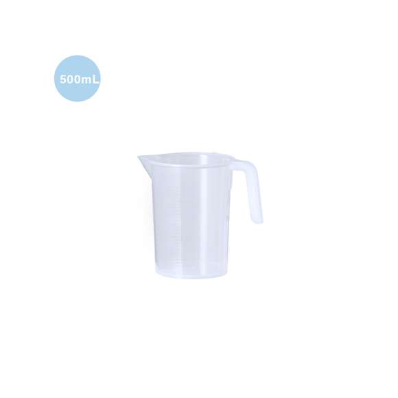 Jarra medidora de 500 ml fabricada en resistente PP transparente con asa. Con medidor lateral en tramos de 20 ml / 5oz y vertedor en el borde para evitar derrames.
