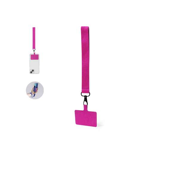 Original pulsera soporte en suave poliéster, adaptable para todo tipo de muñecas y con accesorio de transporte para situar entre la funda y el smartphone. Cinta de transporte a juego y mosquetón metálico giratorio en color negro. Disponible en variada gama de colores.